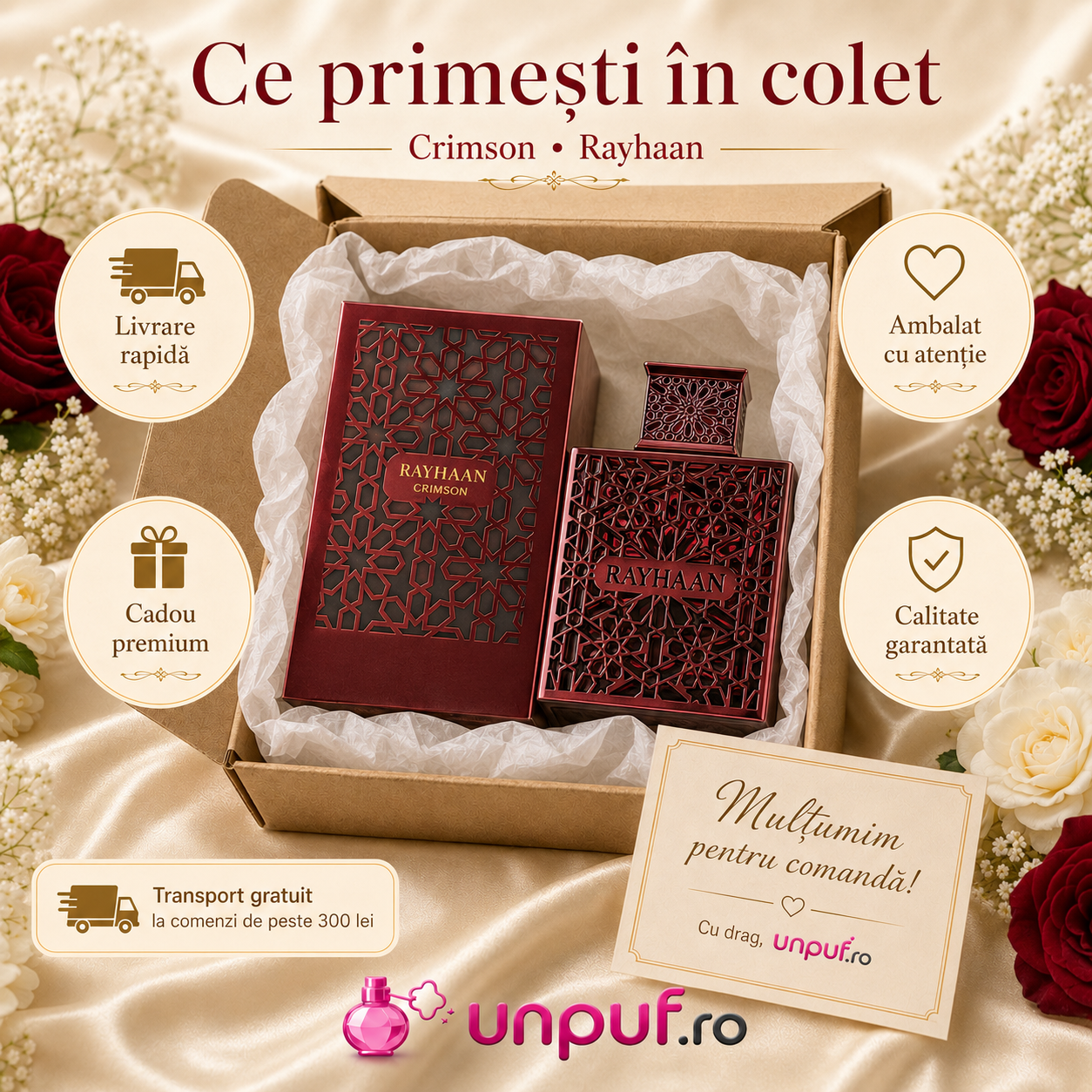 Ce primești &icirc;n colet, parfum Arăbesc Rayhaan Crimson 100 ml ambalat cu atenție pentru livrare rapidă și cadou premium
